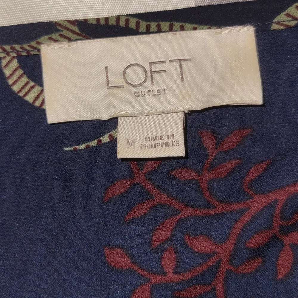 Loft Outlet V-Neck Flowy Ruffle Edged Navy Blue Floral Blouse- Size M